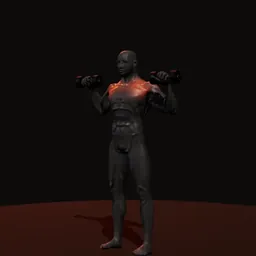 Desenvolvimento em pé com halteres: posição 1 de 3 (boneco 3D masculino)