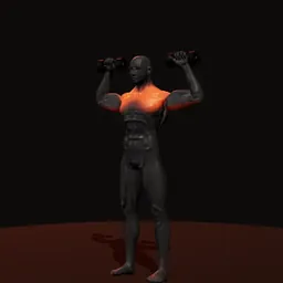 Desenvolvimento em pé com halteres: posição 2 de 3 (boneco 3D masculino)
