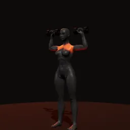 Desenvolvimento em pé com halteres, pegada neutra: posição 2 de 3 (boneco 3D feminino)