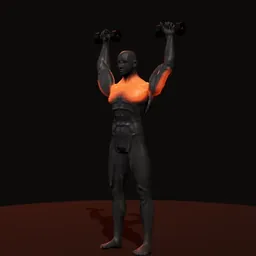 Desenvolvimento em pé com halteres, pegada neutra: posição 3 de 3 (boneco 3D masculino)