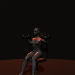 Desenvolvimento sentado com halteres: posição 1 de 3 (boneco 3D feminino)
