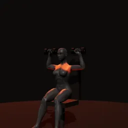 Desenvolvimento sentado com kettlebell: posição 2 de 3 (boneco 3D feminino)