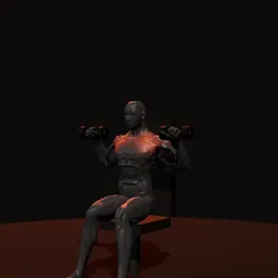Desenvolvimento sentado com halteres: posição 1 de 3 (boneco 3D masculino)