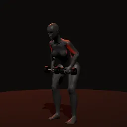 Remada curvado com dois halteres, pegada neutra: posição 2 de 3 (boneco 3D feminino)