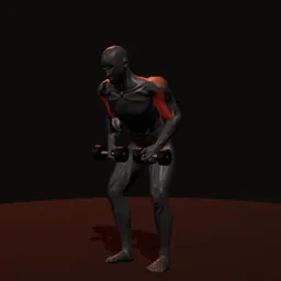 Remada com os dois braços com kettlebell: posição 2 de 3 (boneco 3D masculino)