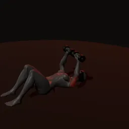 Supino no chão com halteres: posição 1 de 3 (boneco 3D feminino)